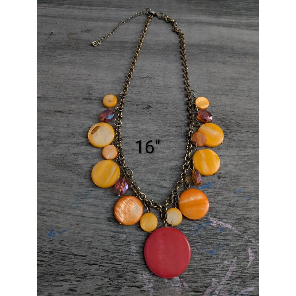 Boho Orange Red Shell Disc Statement Necklace Brass Tone Chain 16 Inch